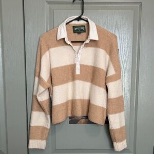 American Eagle Outfitters Women's Tan and Cream Striped Crop Sweater